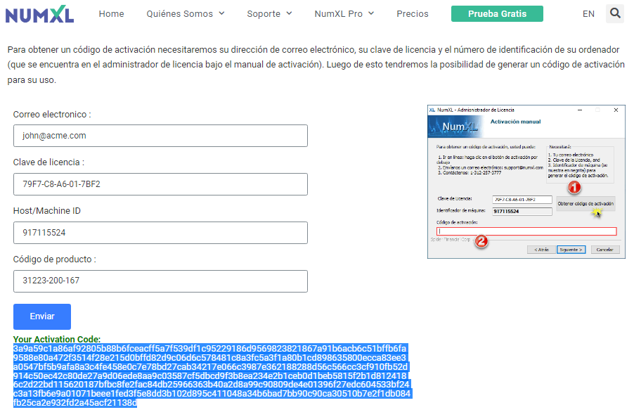 Esta figura muestra una activación manual exitosa de NumXL. El código de activación se muestra debajo del formulario. Seleccione el código y cópielo en su portapapeles.