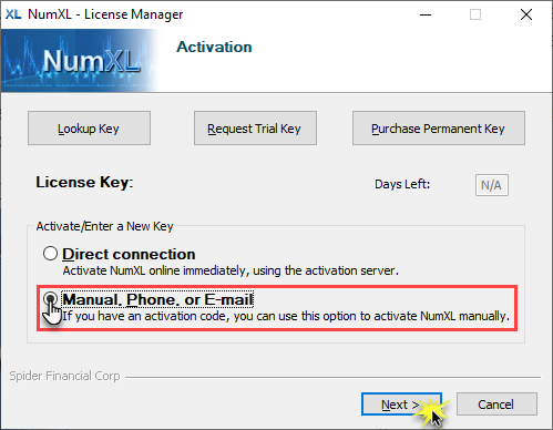 Manual license activation method in NumXL License manager.