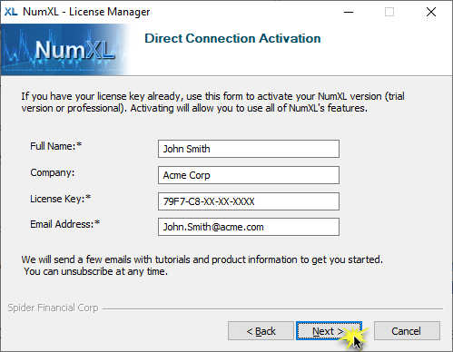 Collecting user and license information for NumXL direct activation method.