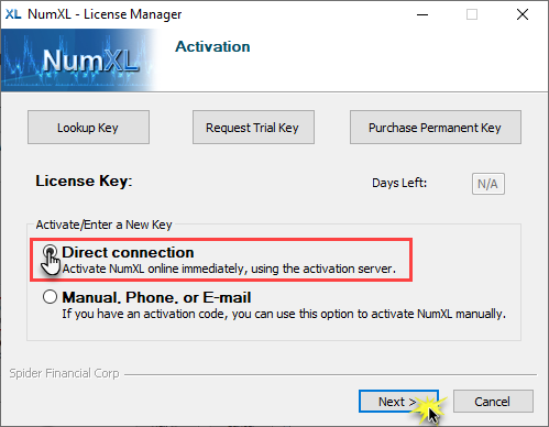 NumXL License manager with direct activation mode enabled.