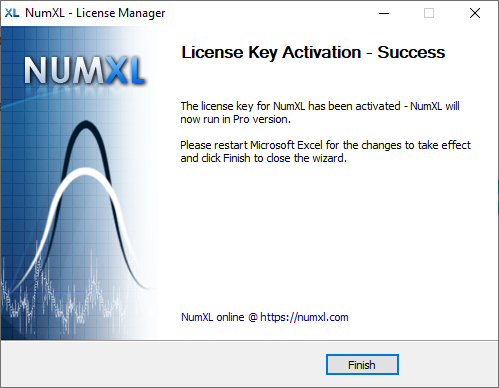 Successful license key activation screen in NumXL License Manager setup.