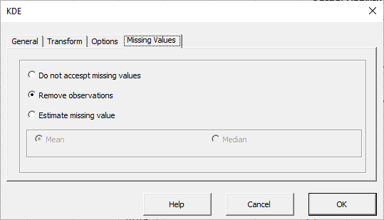 Esta figura muestra la pestaña “Valores perdidos” del asistente KDE de NumXL en Excel.
