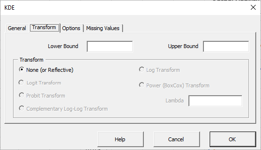 Esta figura muestra la pestaña “Transformar” del asistente KDE de NumXL en Excel.