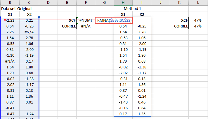 Using the RMNA function for datasets of more than one variable drops the rows with one or more missing values.