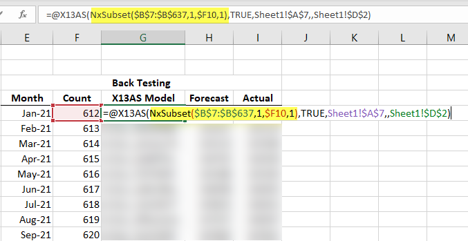 Using the NxSubset function (highlighted in yellow) to select the dataset from the 1st argument to argument 612 (F10).
